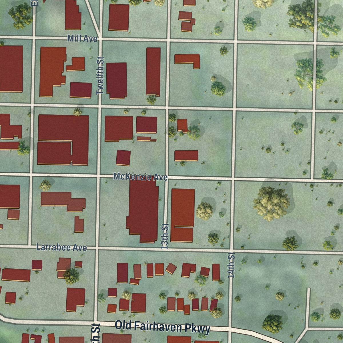 Close-up of the map of Fairhaven, Washington print showing street and building detail