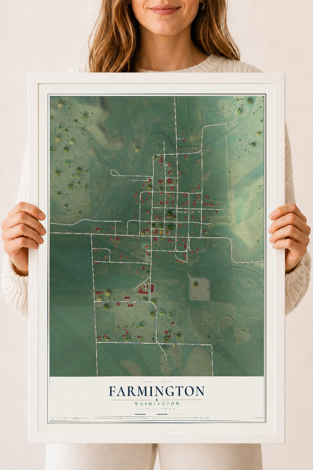 Map of Farmington, Washington, 18 x 24 inch print in a white wood frame