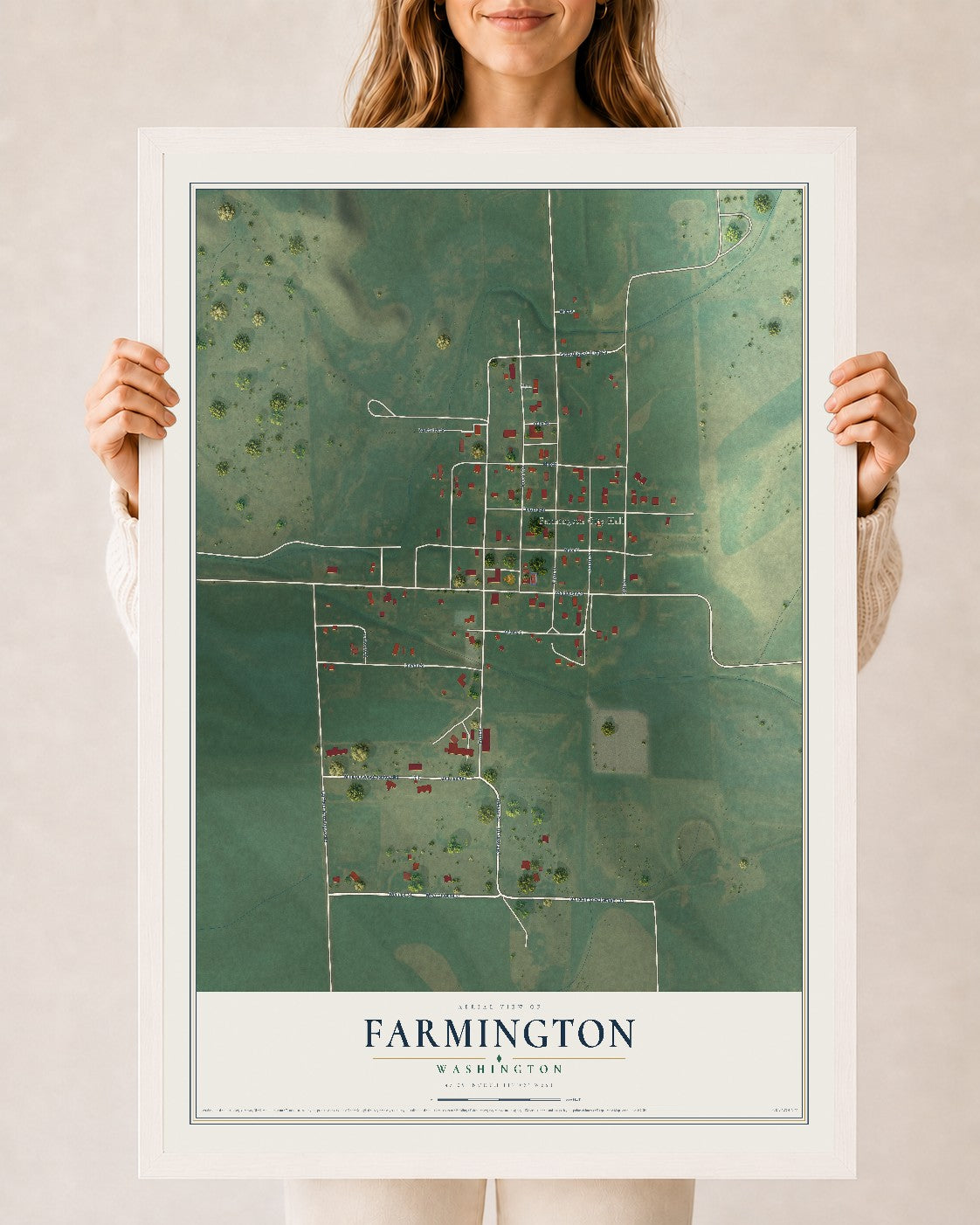 Map of Farmington, Washington, 24 x 36 inch print in a white wood frame