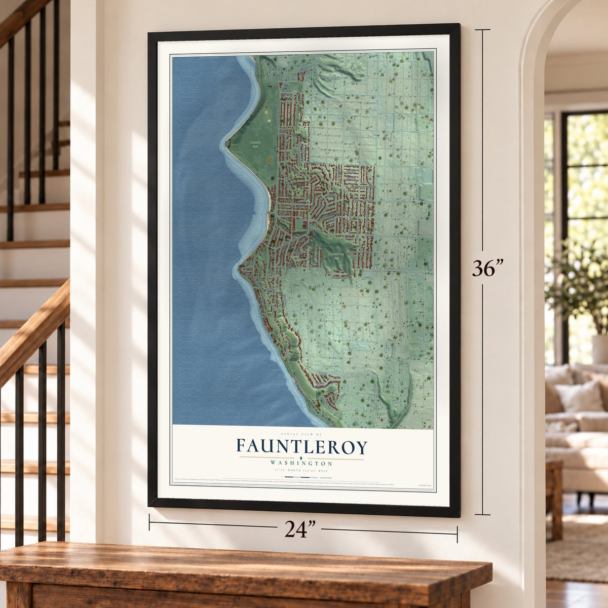 Fauntleroy, Washington map, 24 x 36 inch print in a black frame by a staircase