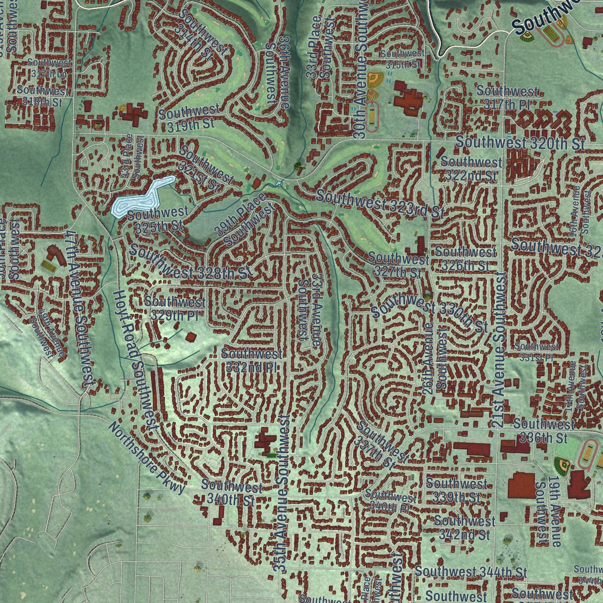 Second close-up of the map of Federal Way, Washington print showing more streets and buildings
