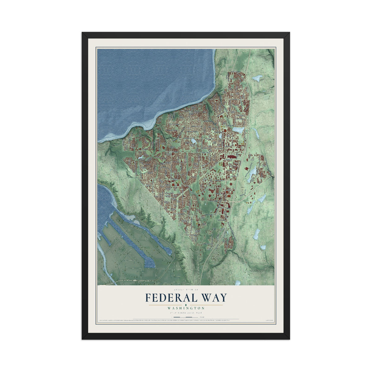 Map of Federal Way, Washington, 12 x 18 inch print in a black wood frame
