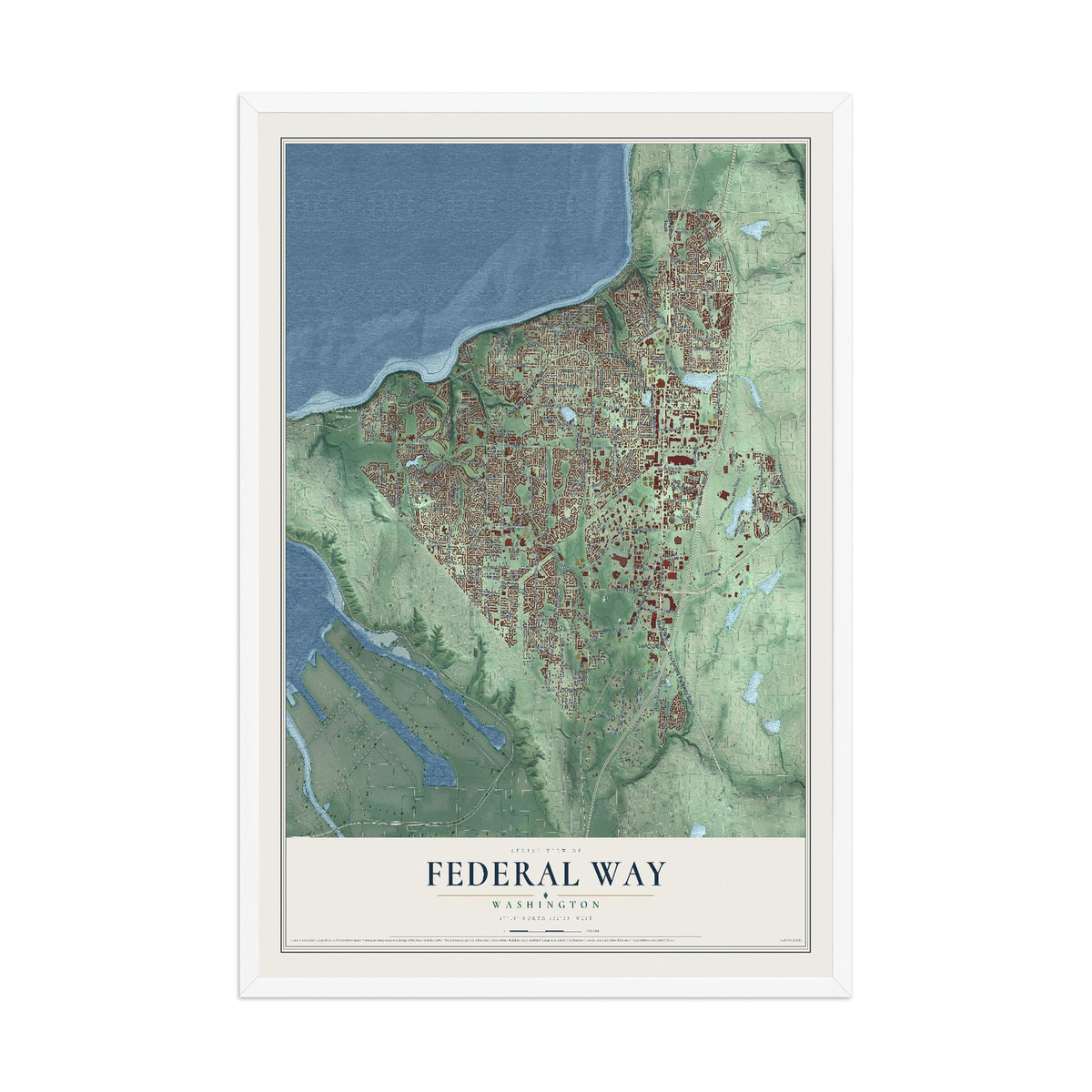 Map of Federal Way, Washington, 12 x 18 inch print in a white wood frame