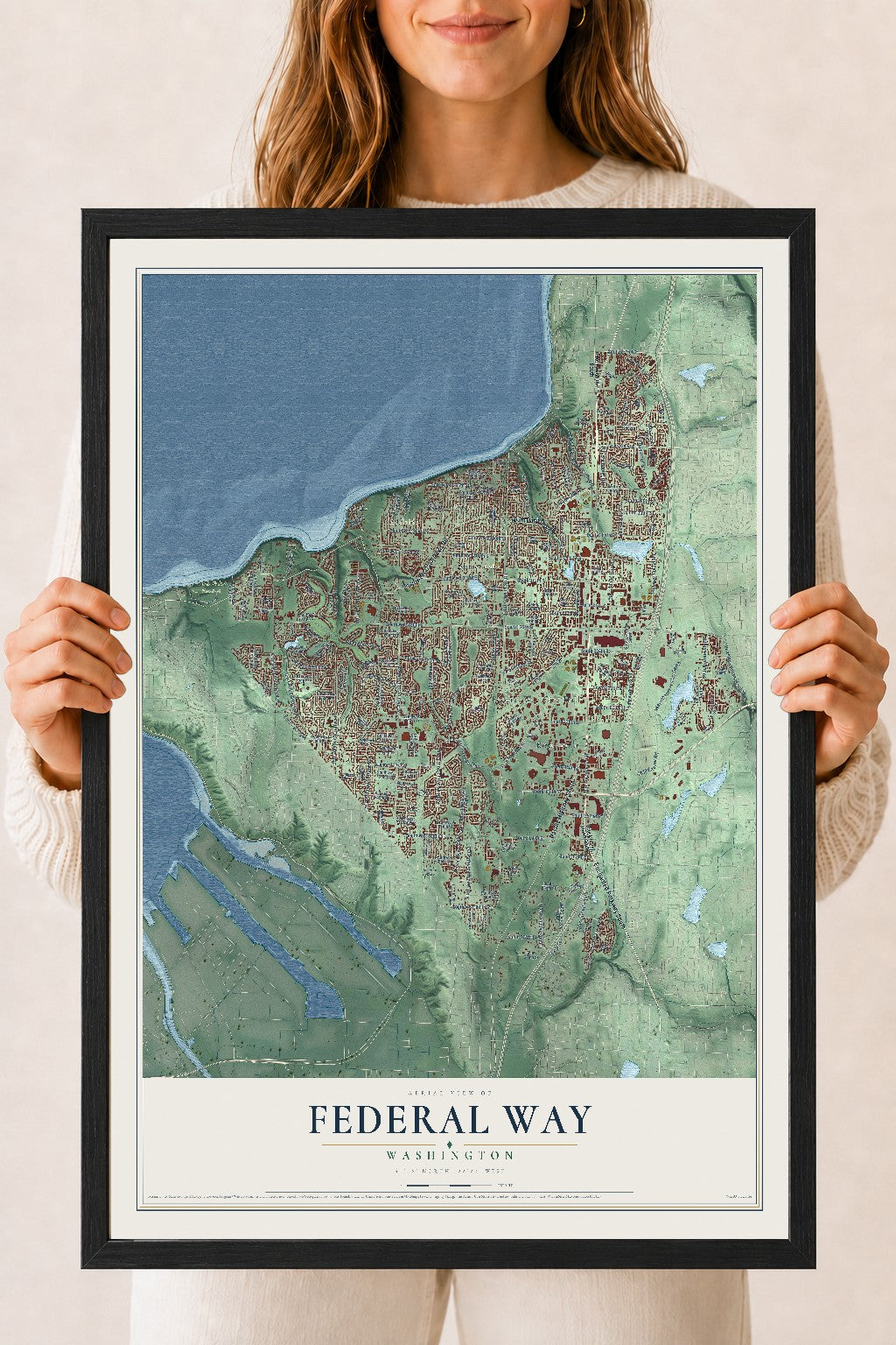 Map of Federal Way, Washington, 18 x 24 inch print in a black wood frame