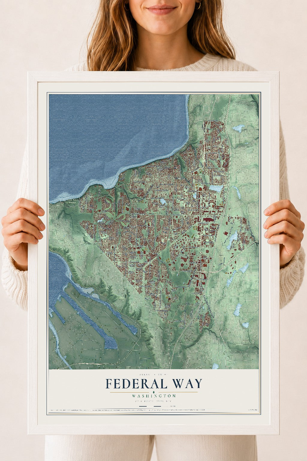 Map of Federal Way, Washington, 18 x 24 inch print in a white wood frame