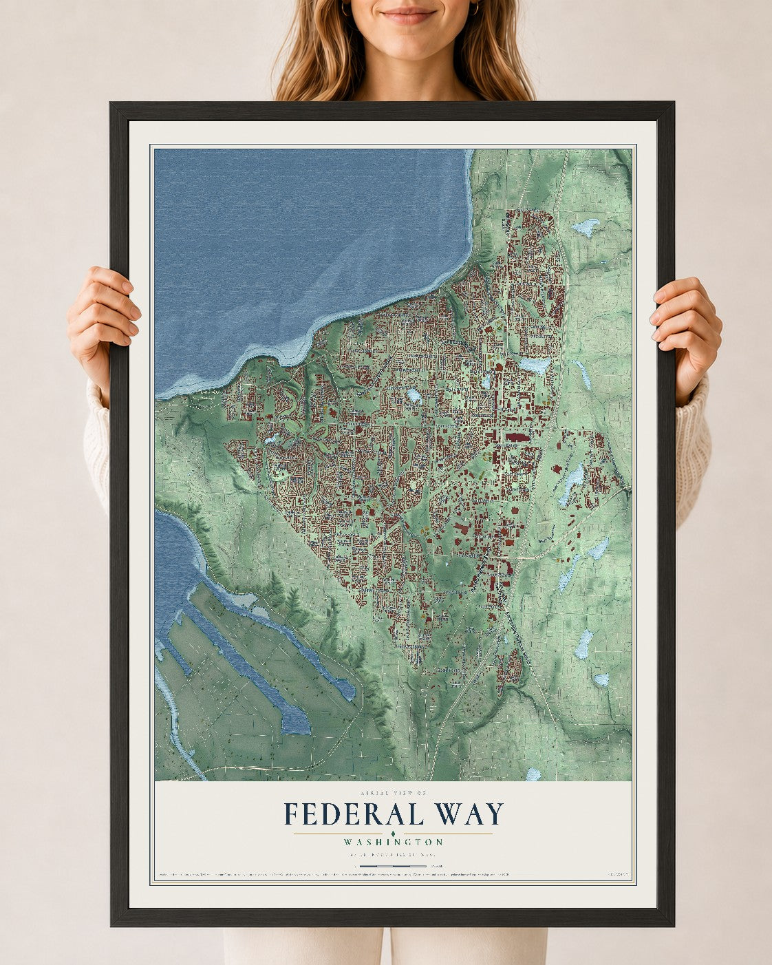 Map of Federal Way, Washington, 24 x 36 inch print in a black wood frame