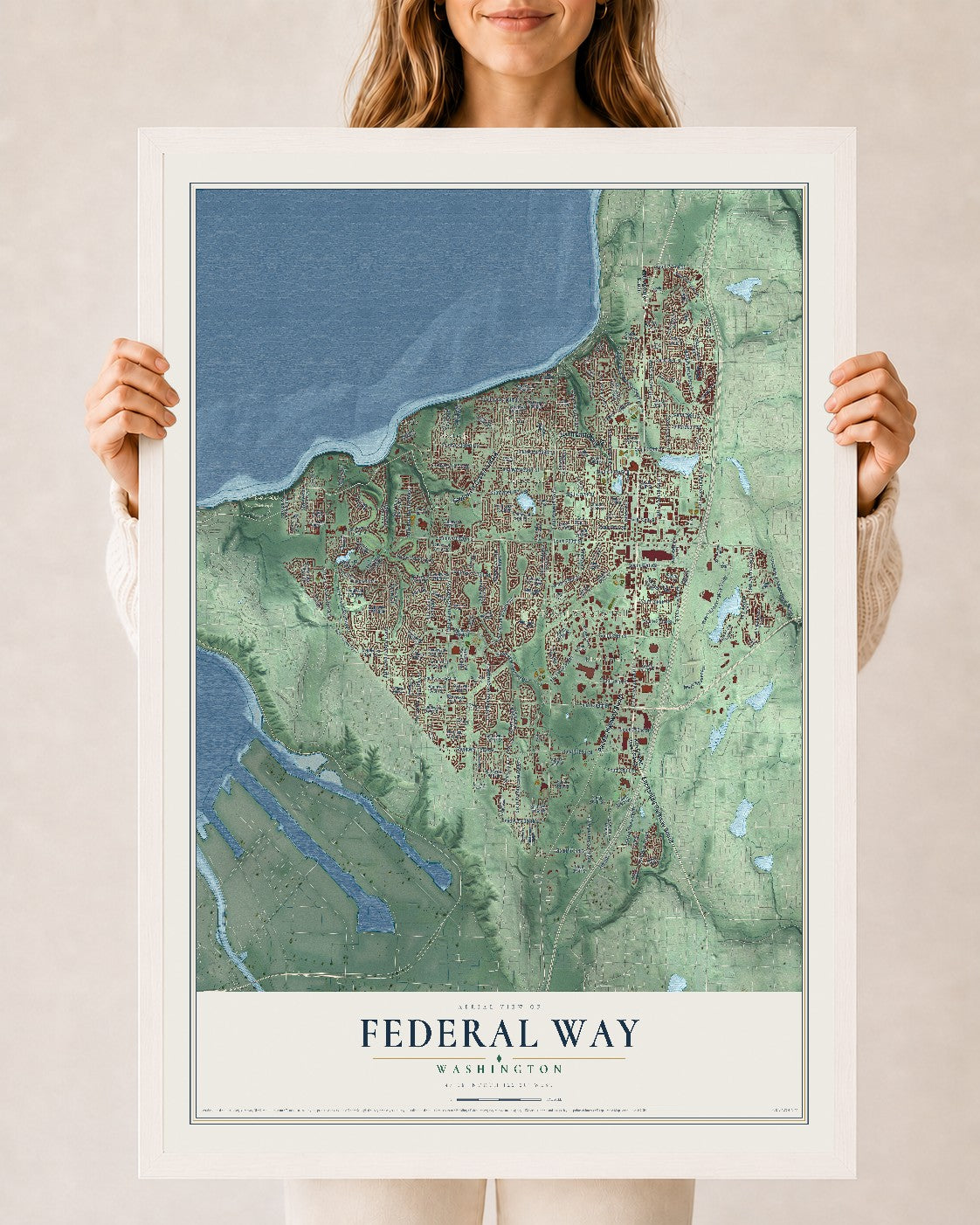 Map of Federal Way, Washington, 24 x 36 inch print in a white wood frame