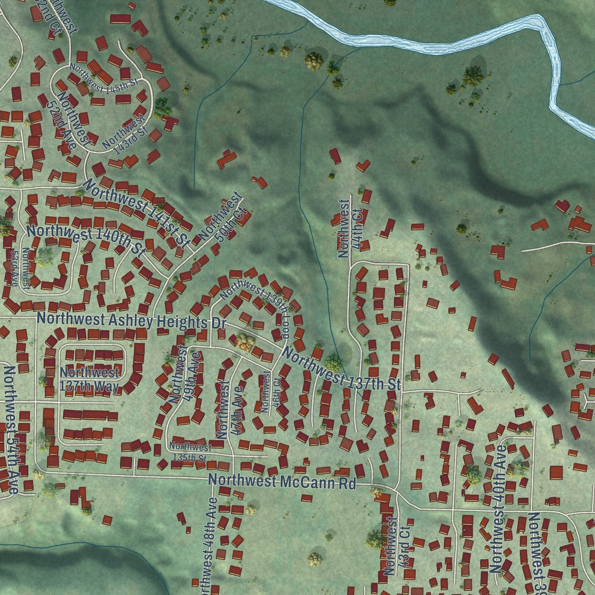 Second close-up of the map of Felida, Washington print showing more streets and buildings