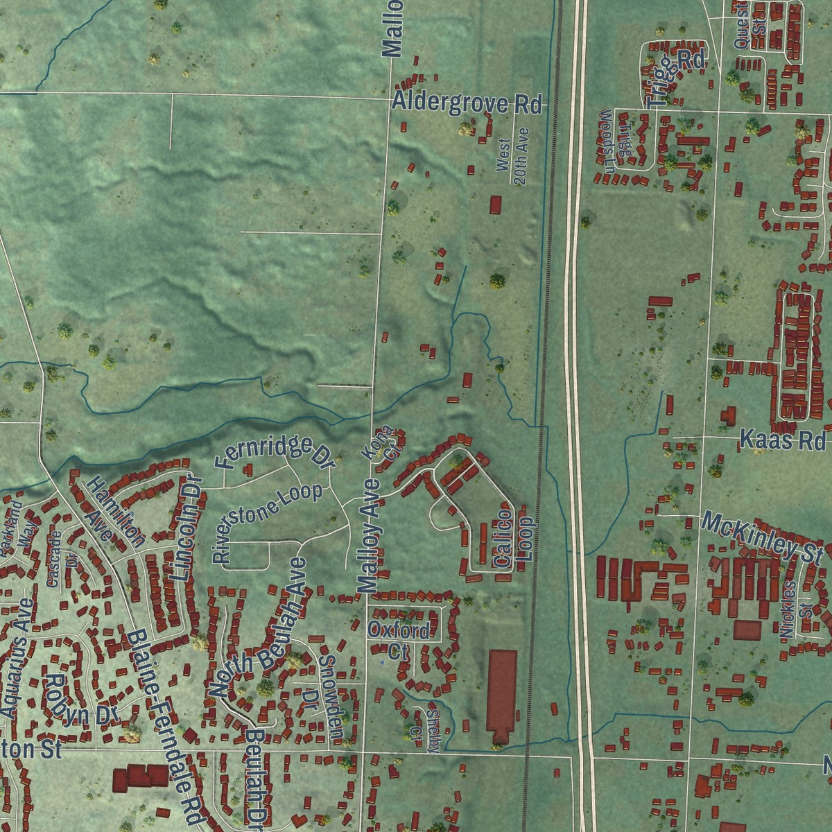 Second close-up of the map of Ferndale, Washington print showing more streets and buildings