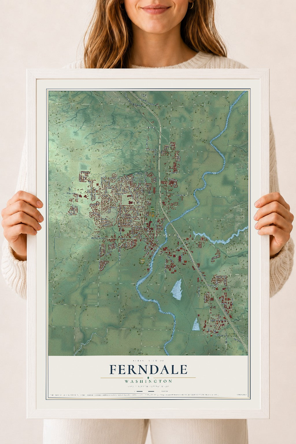 Map of Ferndale, Washington, 18 x 24 inch print in a white wood frame