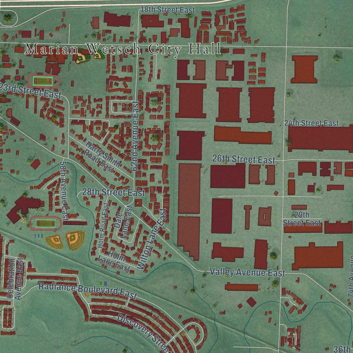 Close-up of the map of Fife, Washington print showing street and building detail