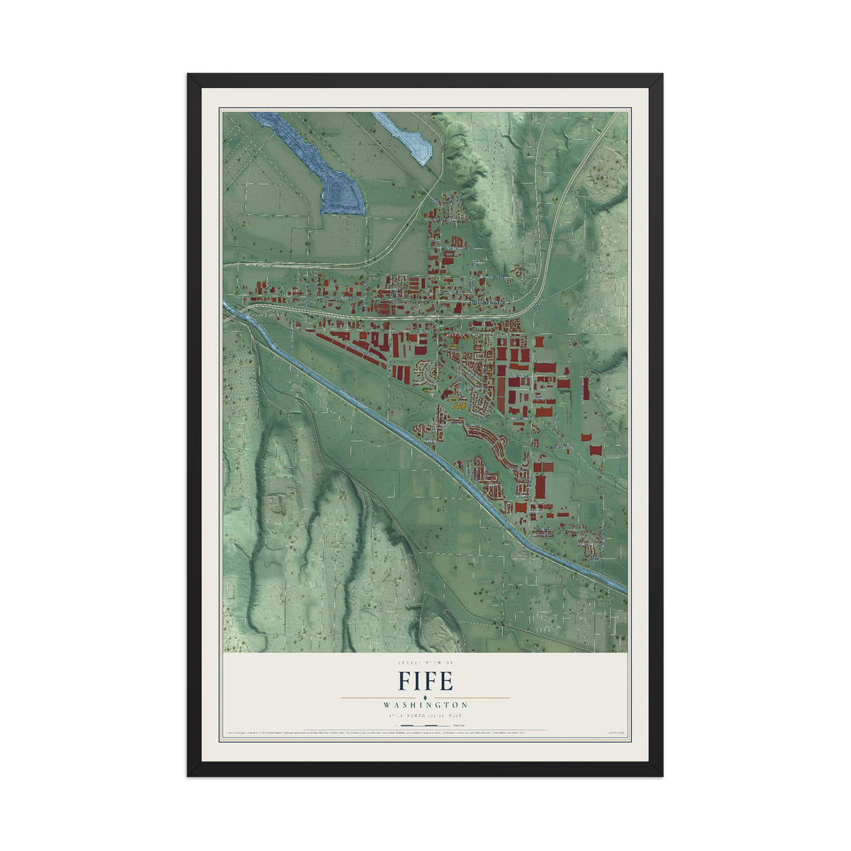 Map of Fife, Washington, 12 x 18 inch print in a black wood frame