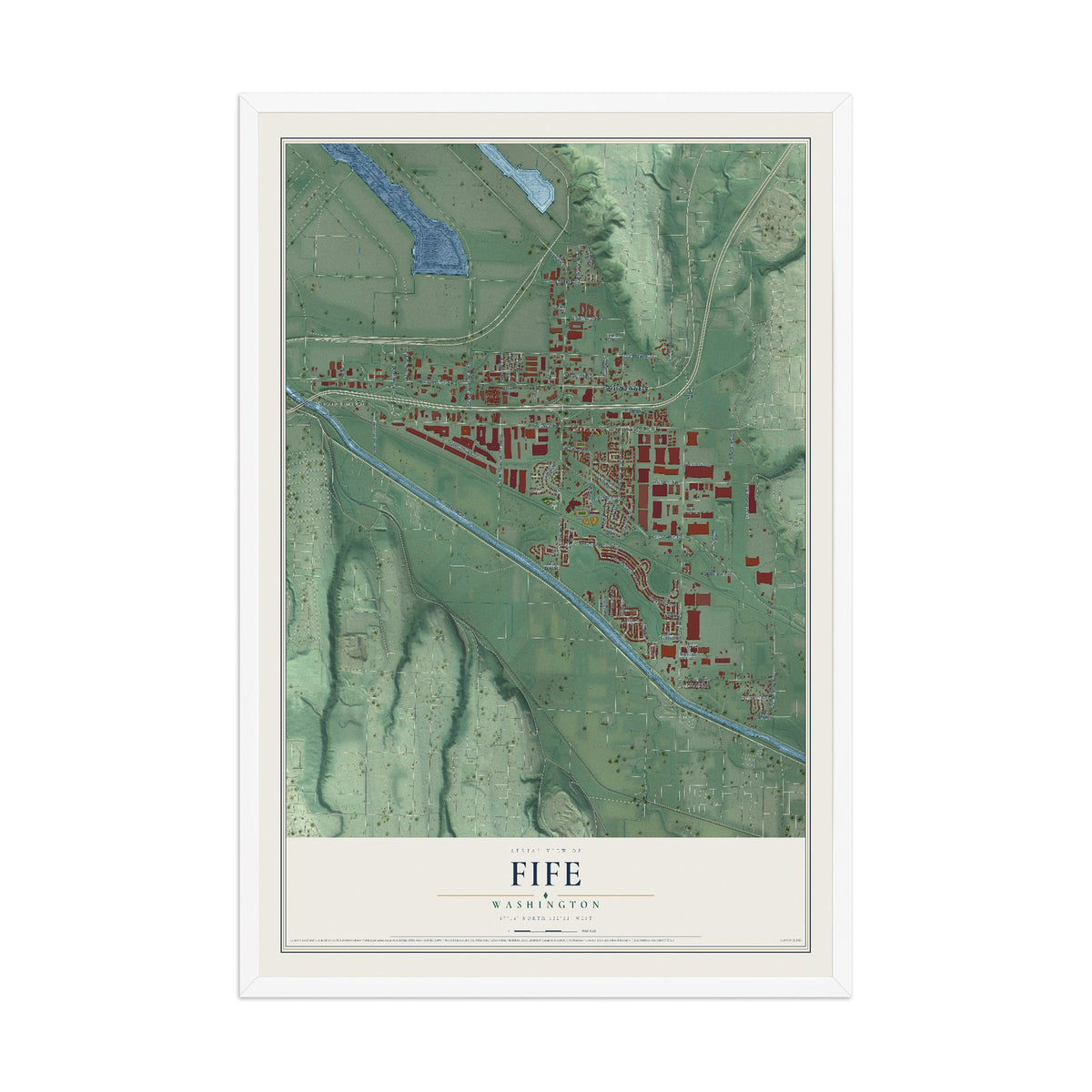 Map of Fife, Washington, 12 x 18 inch print in a white wood frame