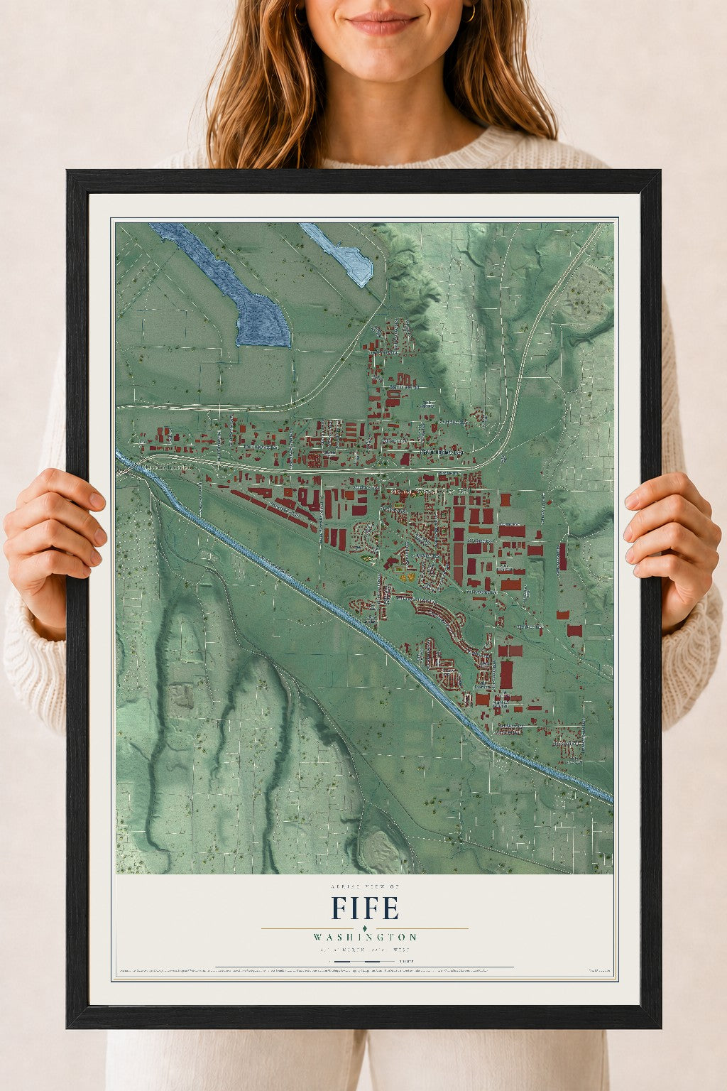 Map of Fife, Washington, 18 x 24 inch print in a black wood frame