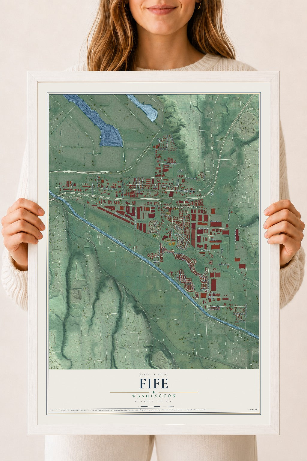 Map of Fife, Washington, 18 x 24 inch print in a white wood frame