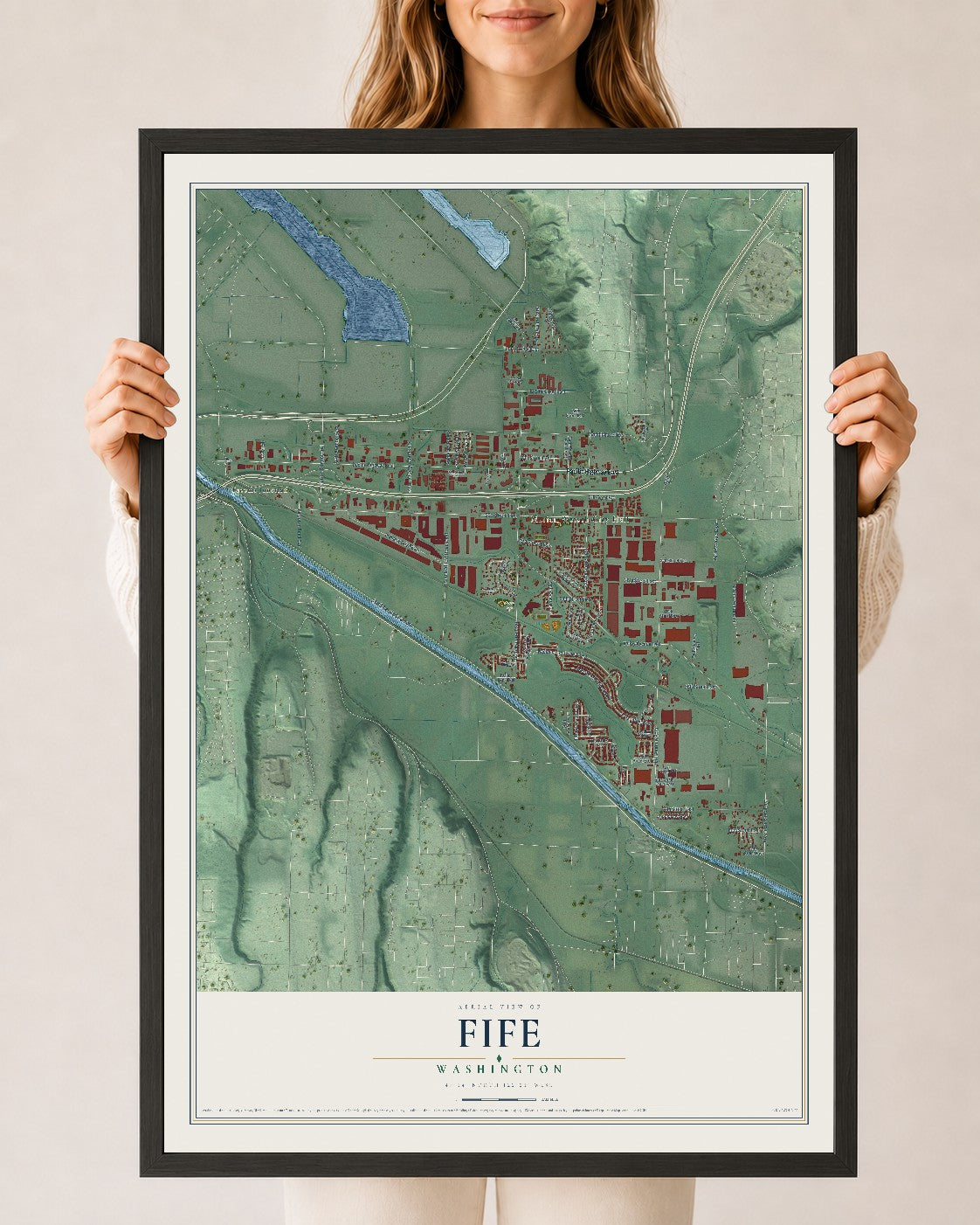 Map of Fife, Washington, 24 x 36 inch print in a black wood frame