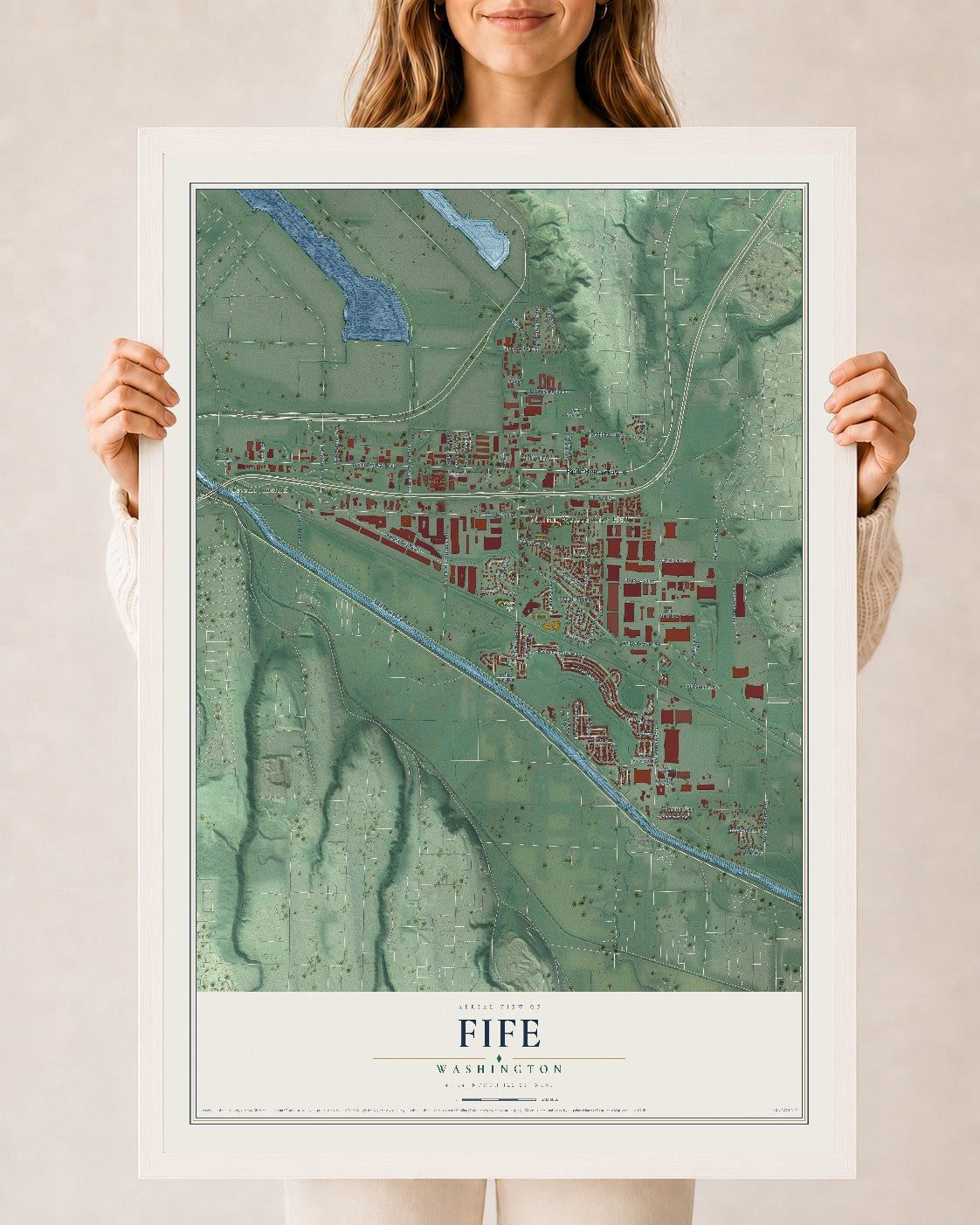 Map of Fife, Washington, 24 x 36 inch print in a white wood frame