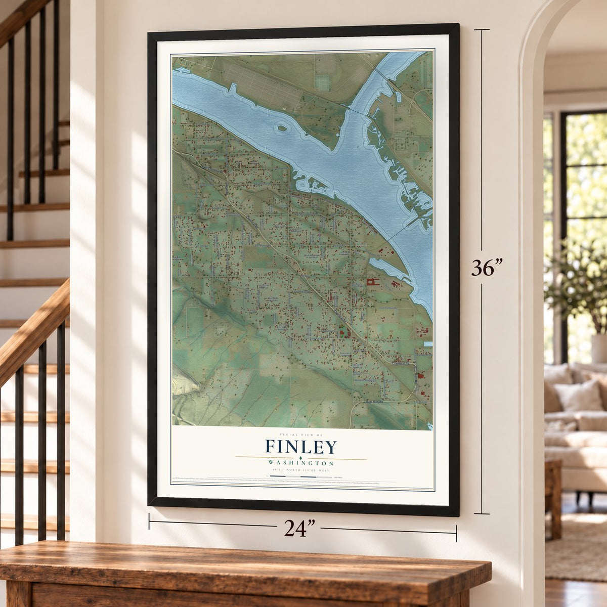 Finley, Washington map, 24 x 36 inch print in a black frame by a staircase