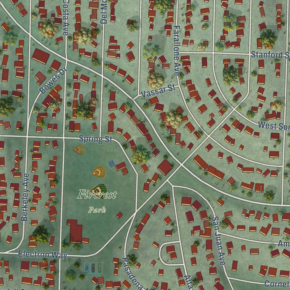 Close-up of the map of Fircrest, Washington print showing street and building detail