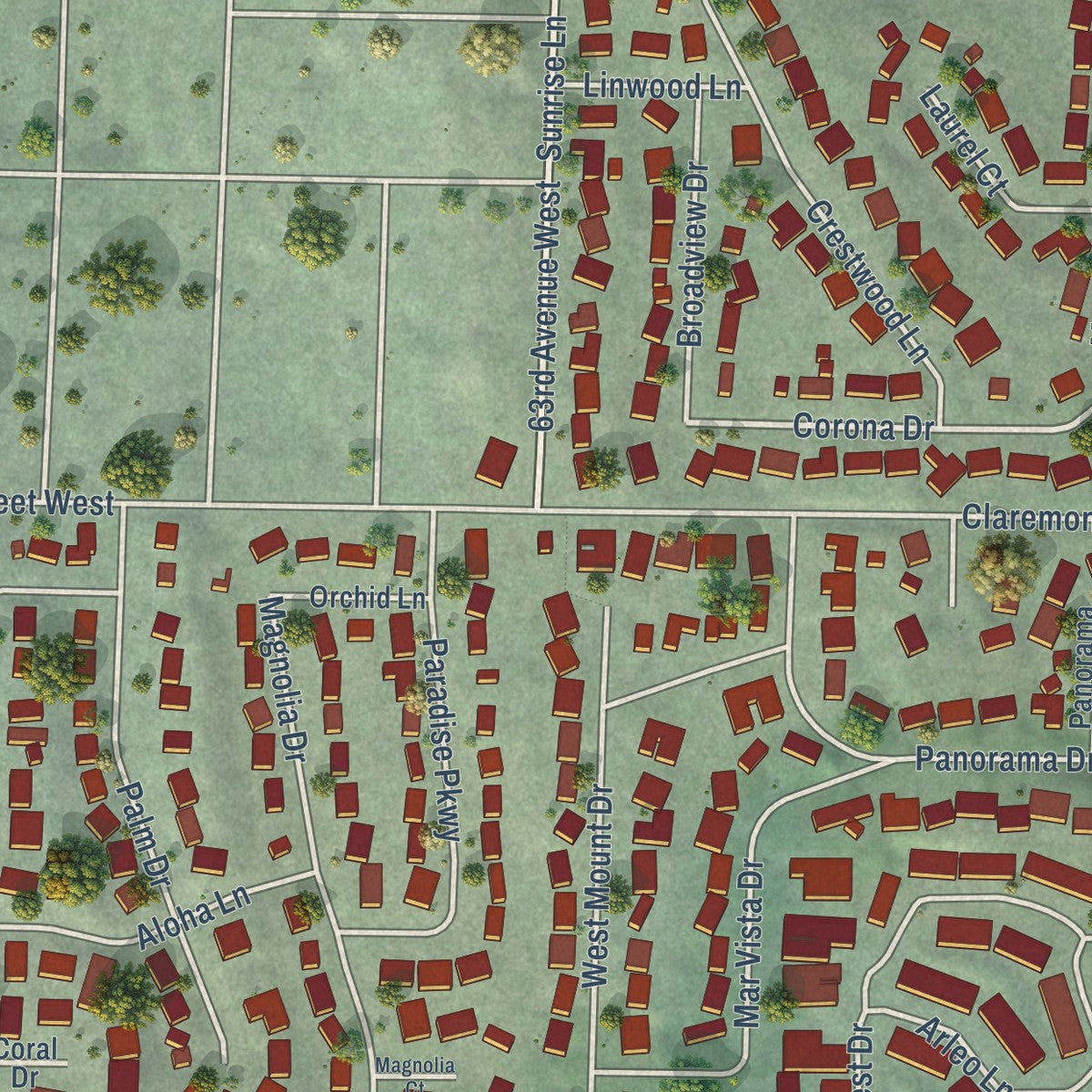 Second close-up of the map of Fircrest, Washington print showing more streets and buildings