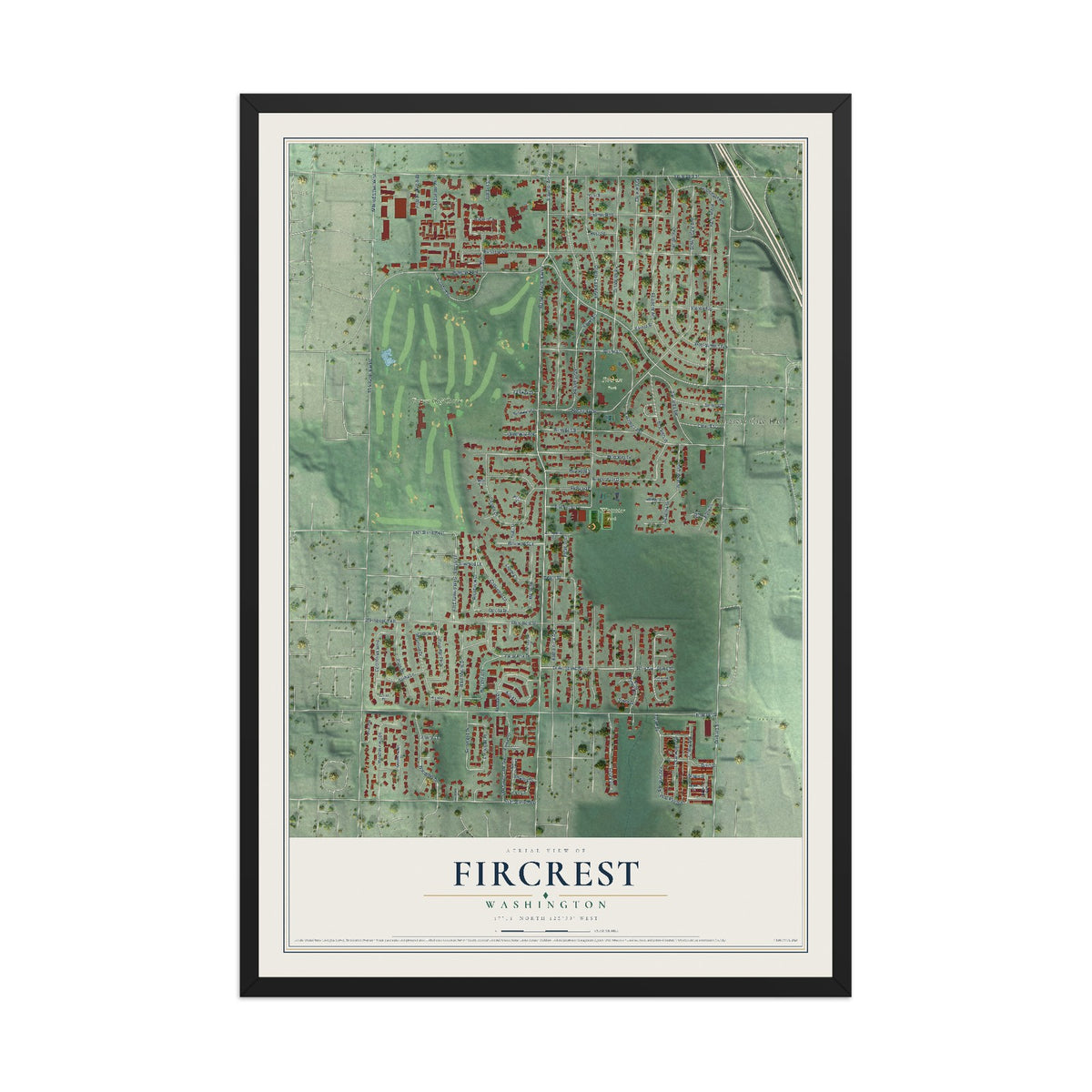 Map of Fircrest, Washington, 12 x 18 inch print in a black wood frame