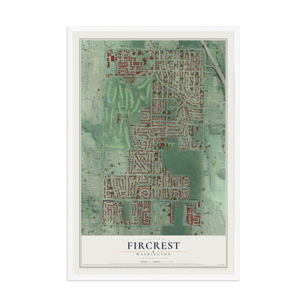 Map of Fircrest, Washington, 12 x 18 inch print in a white wood frame