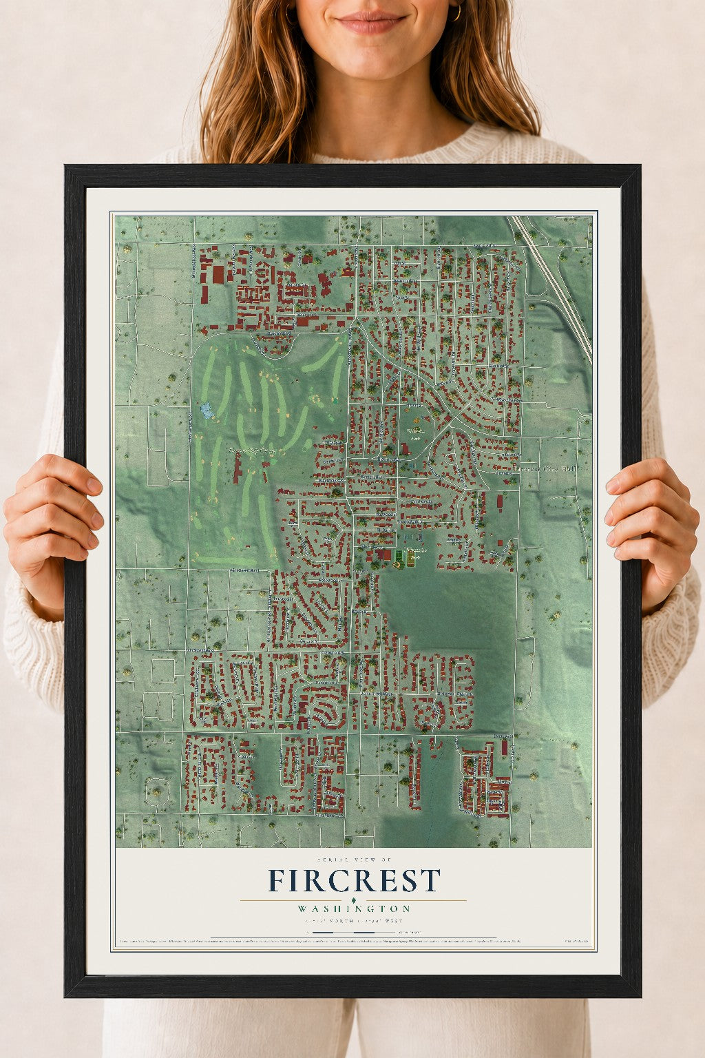 Map of Fircrest, Washington, 18 x 24 inch print in a black wood frame