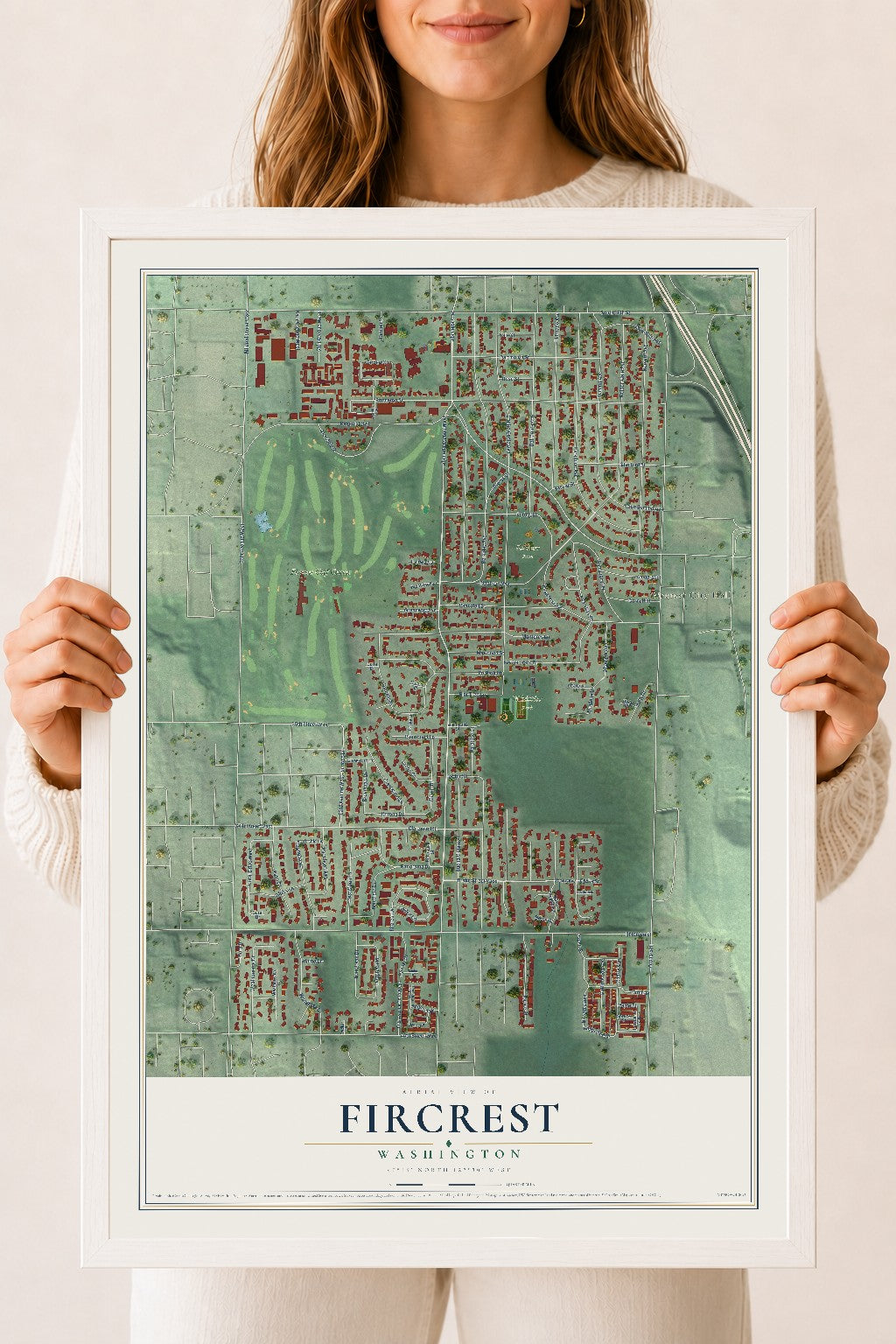 Map of Fircrest, Washington, 18 x 24 inch print in a white wood frame
