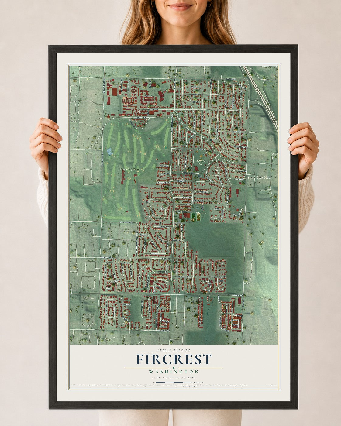 Map of Fircrest, Washington, 24 x 36 inch print in a black wood frame