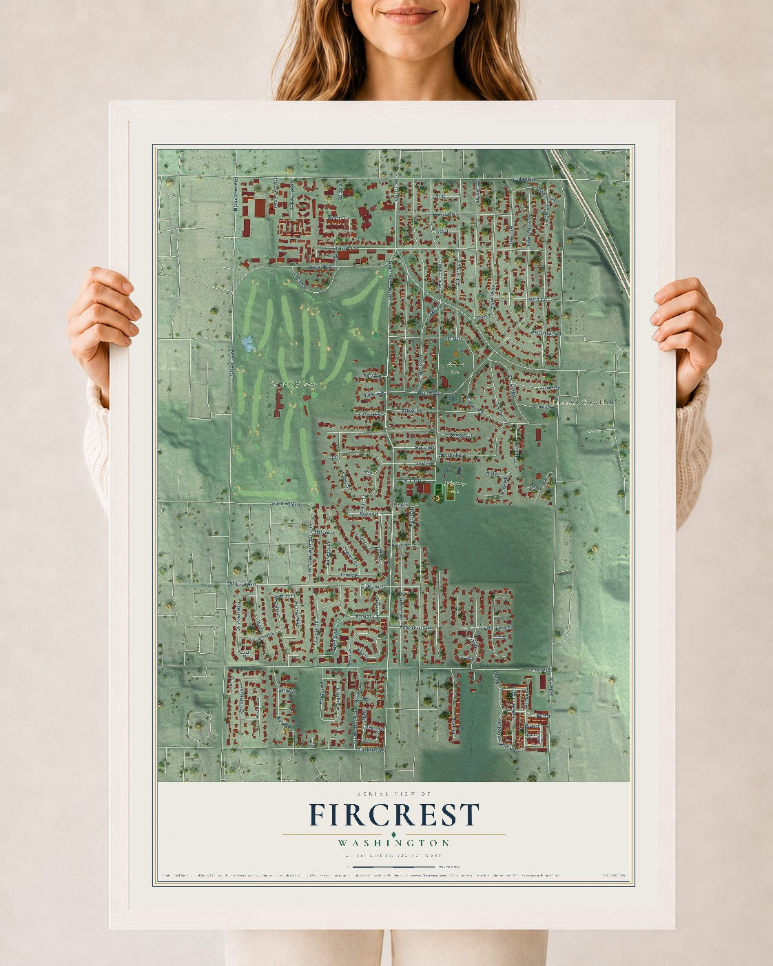 Map of Fircrest, Washington, 24 x 36 inch print in a white wood frame
