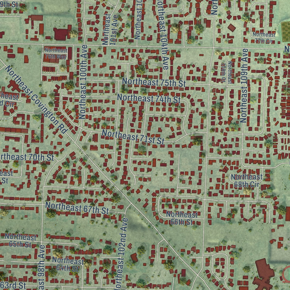 Close-up of the map of Five Corners, Washington print showing street and building detail