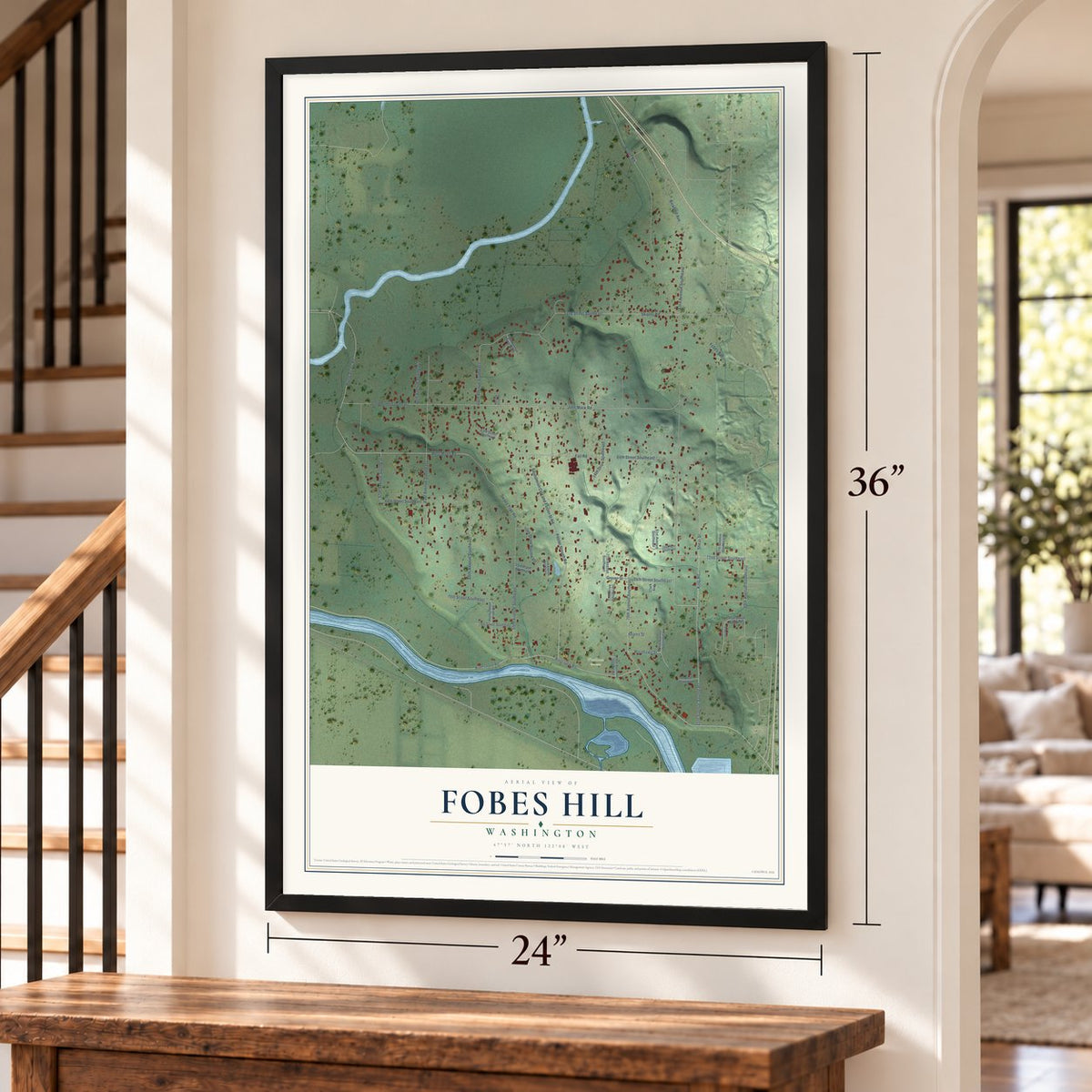 Fobes Hill, Washington map, 24 x 36 inch print in a black frame by a staircase