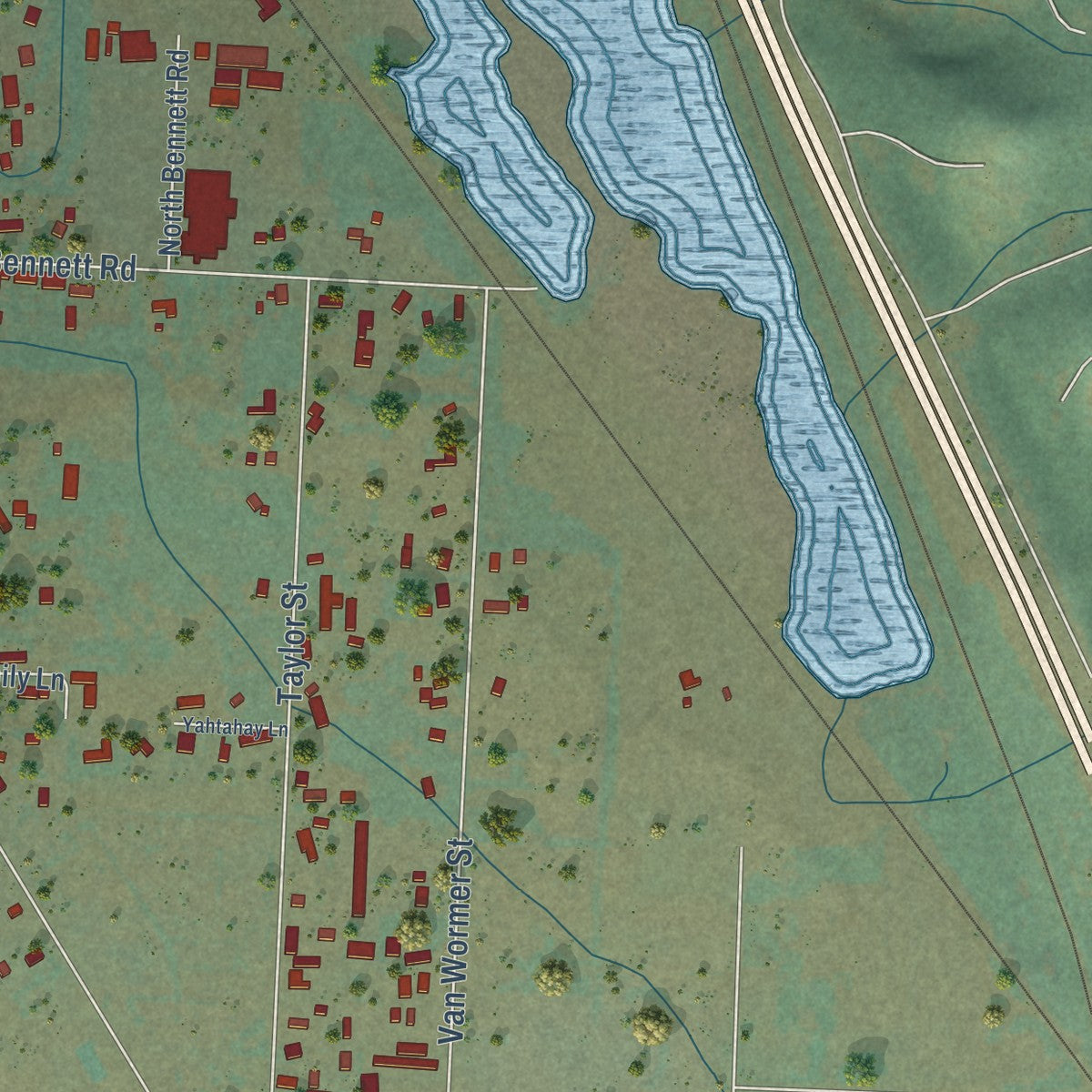 Close-up of the map of Fords Prairie, Washington print showing street and building detail