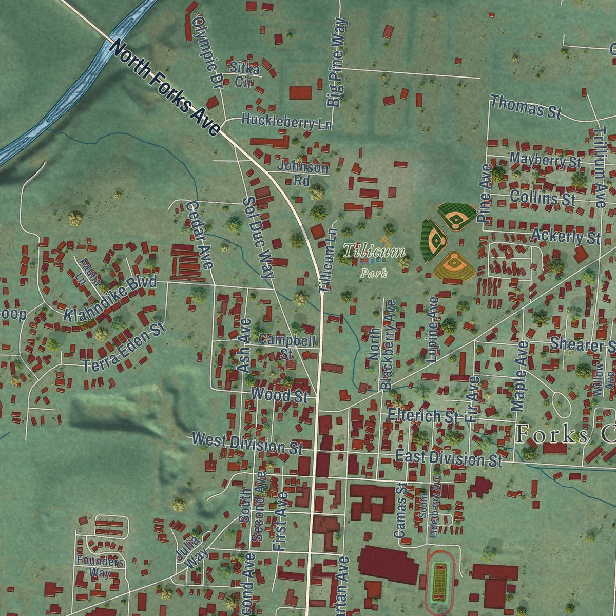 Close-up of the map of Forks, Washington print showing street and building detail