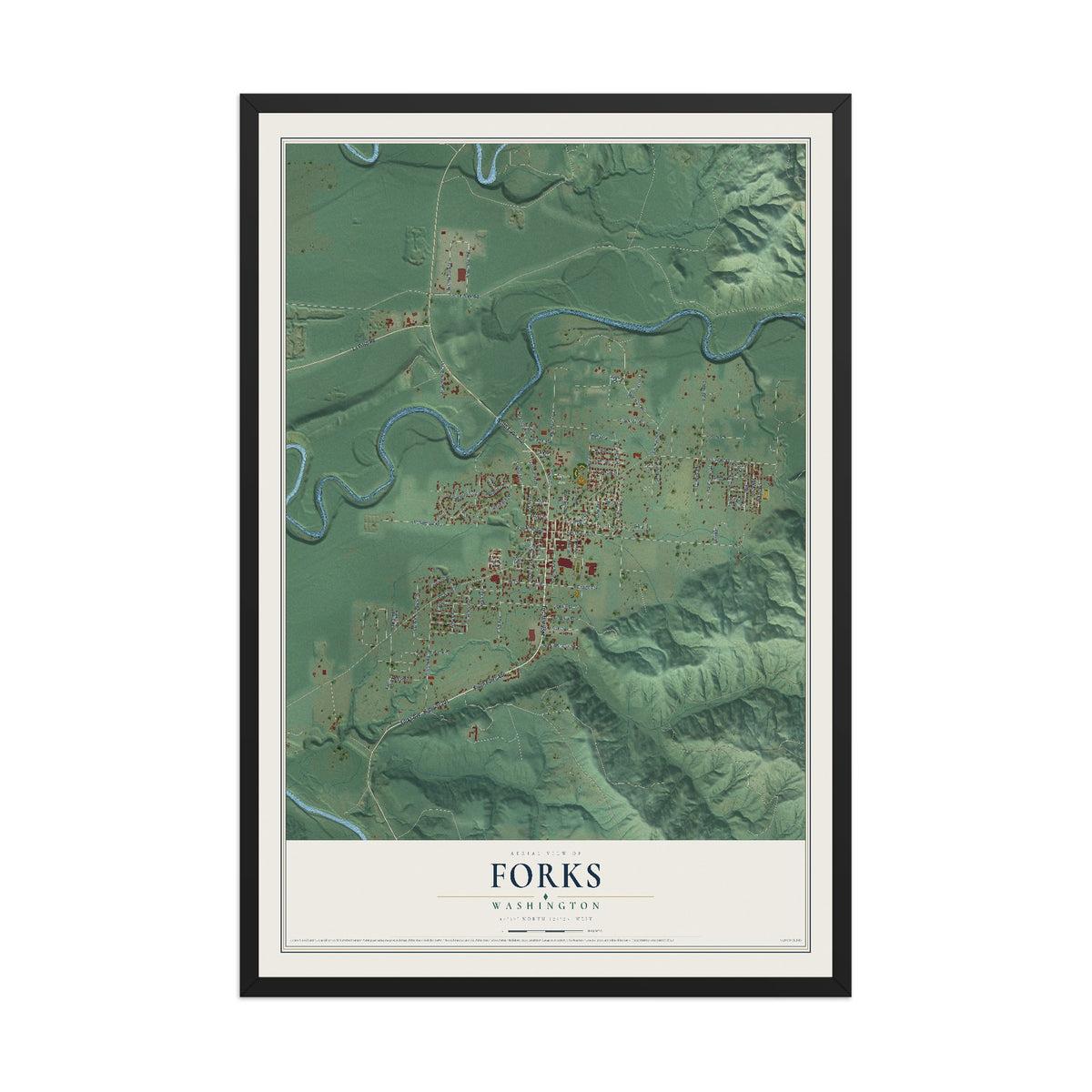 Map of Forks, Washington, 12 x 18 inch print in a black wood frame