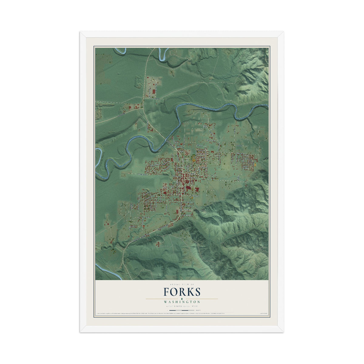 Map of Forks, Washington, 12 x 18 inch print in a white wood frame