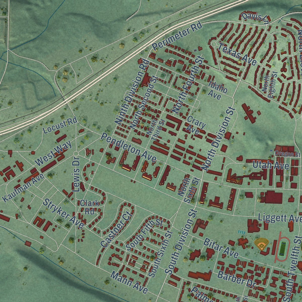 Close-up of the map of Fort Lewis, Washington print showing street and building detail