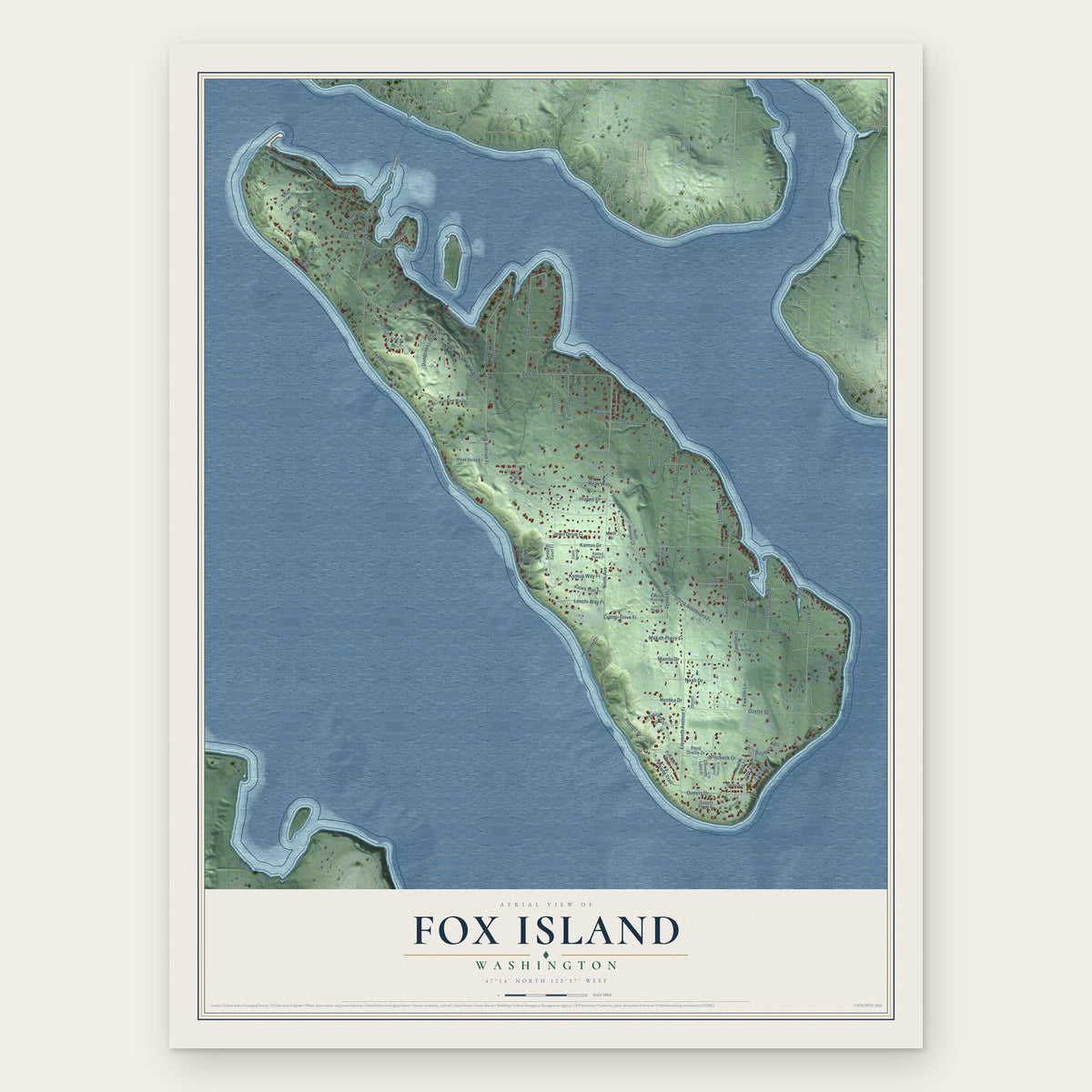 Fox Island, Washington map print, the full design
