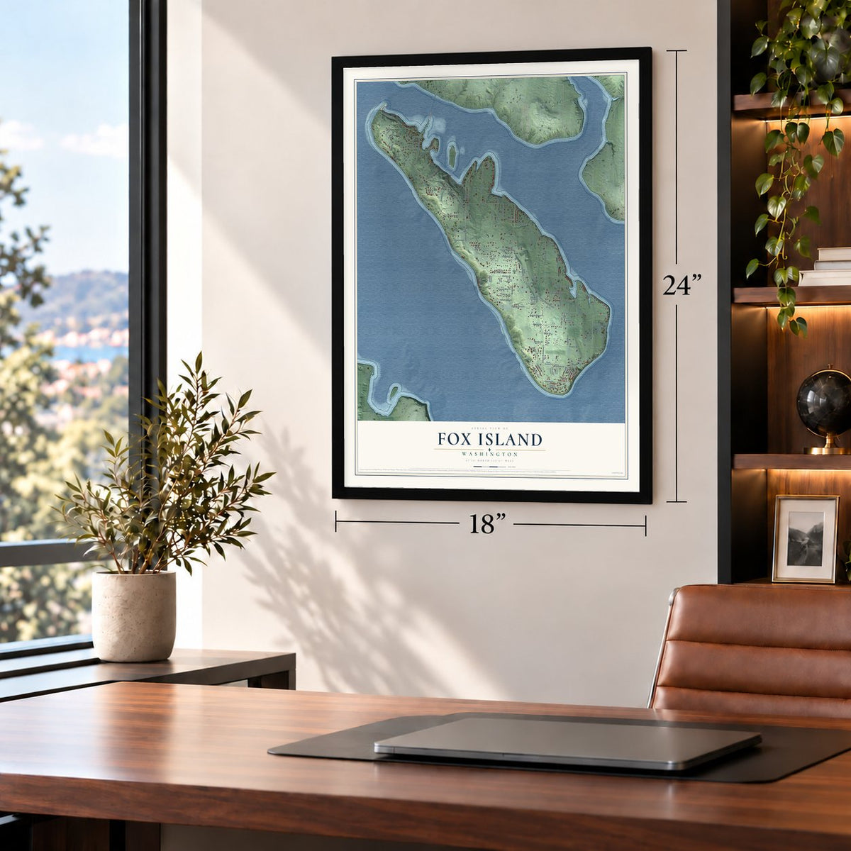 Fox Island, Washington map, 18 x 24 inch print in a black frame in a home office