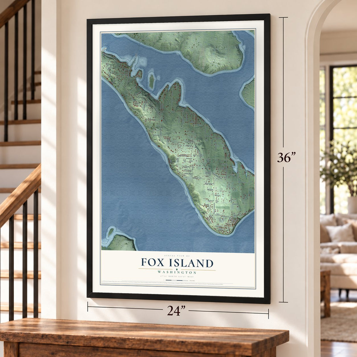 Fox Island, Washington map, 24 x 36 inch print in a black frame by a staircase