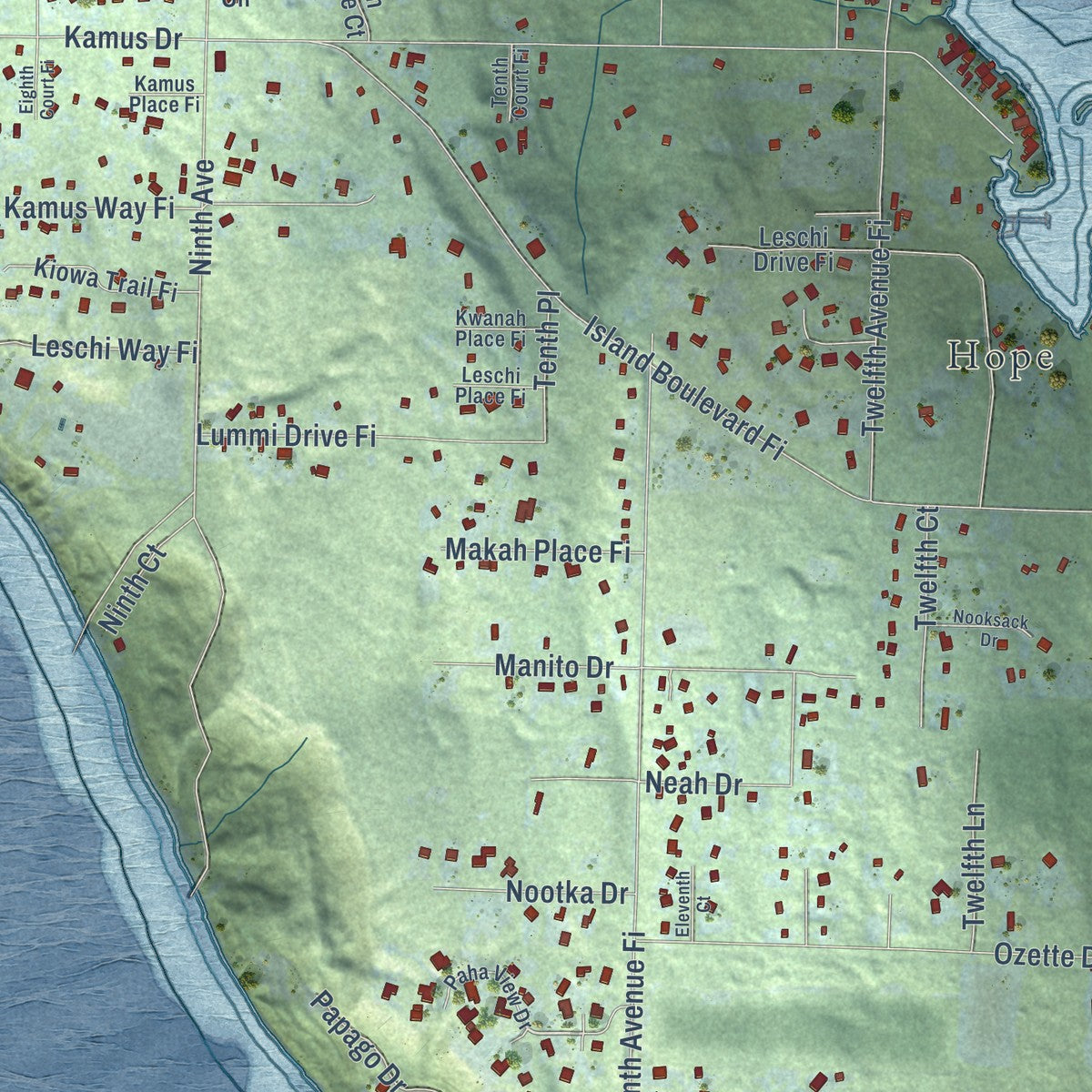 Close-up of the map of Fox Island, Washington print showing street and building detail