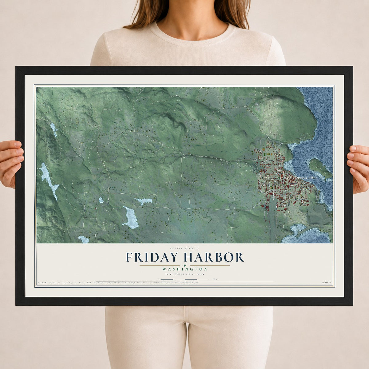 Map of Friday Harbor, Washington, 18 x 24 inch print in a black wood frame
