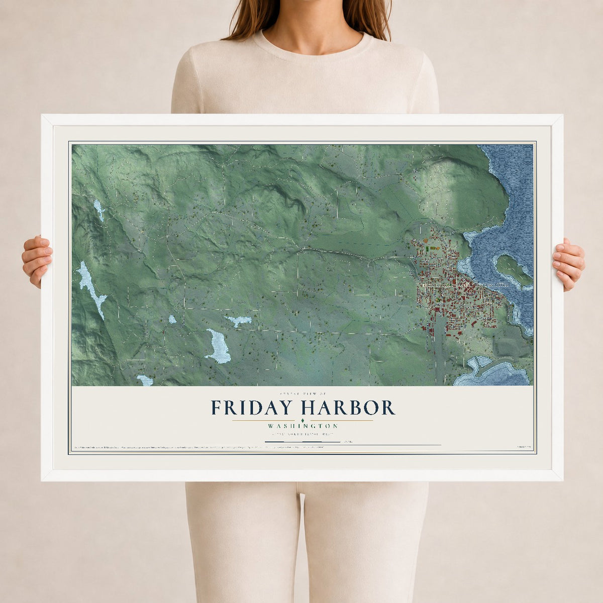 Map of Friday Harbor, Washington, 24 x 36 inch print in a white wood frame