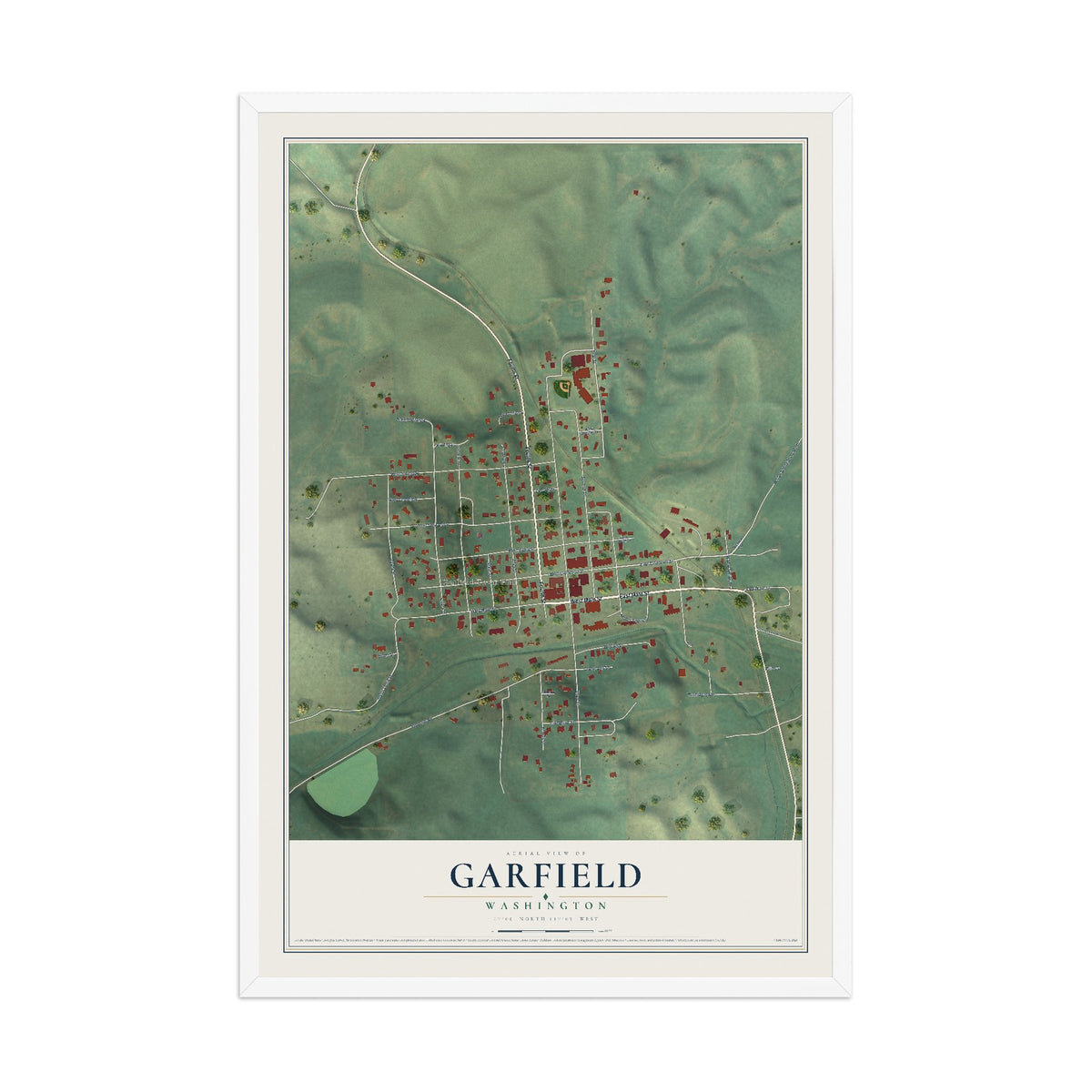 Map of Garfield, Washington, 12 x 18 inch print in a white wood frame