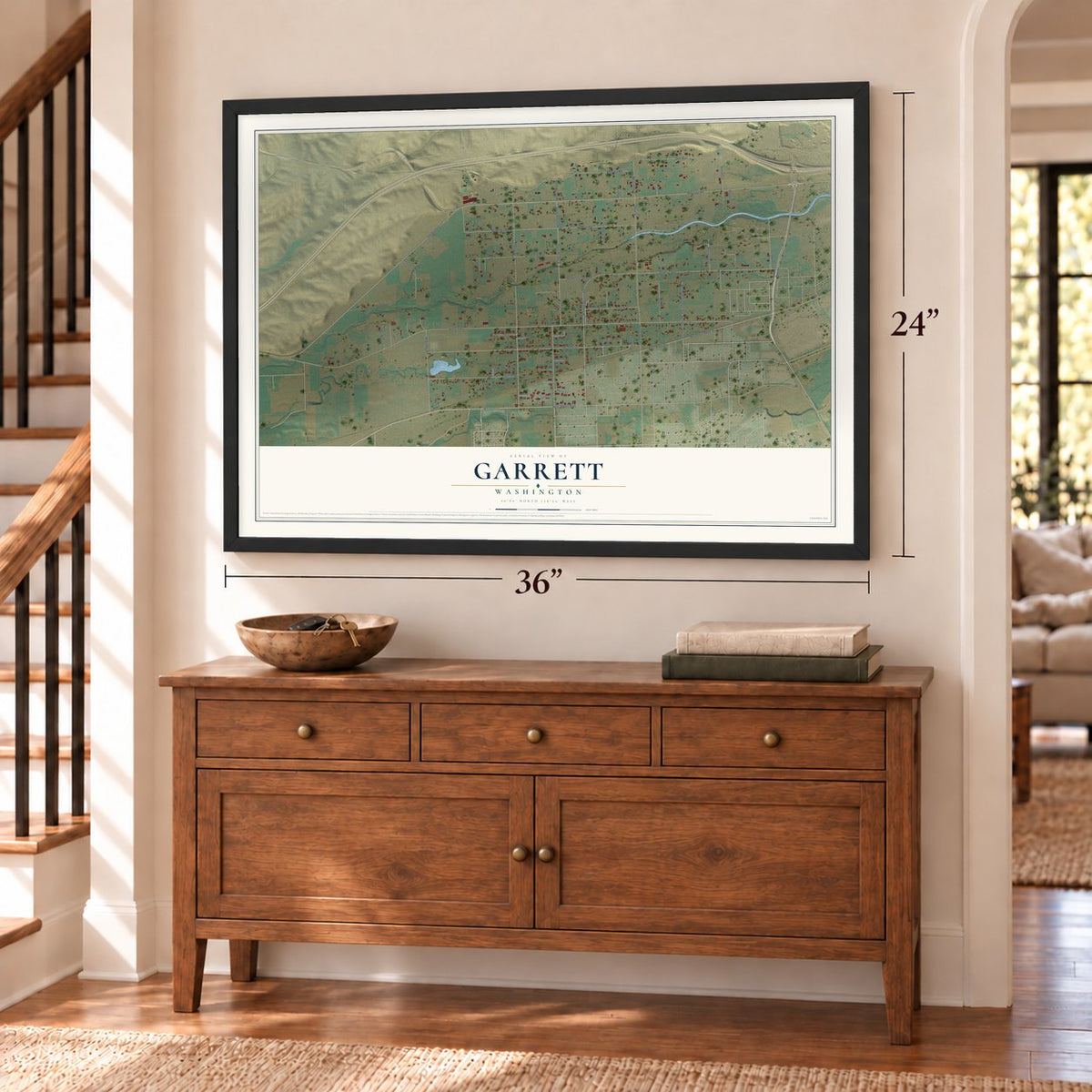 Garrett, Washington map, 24 x 36 inch print in a black frame above a dresser by a staircase
