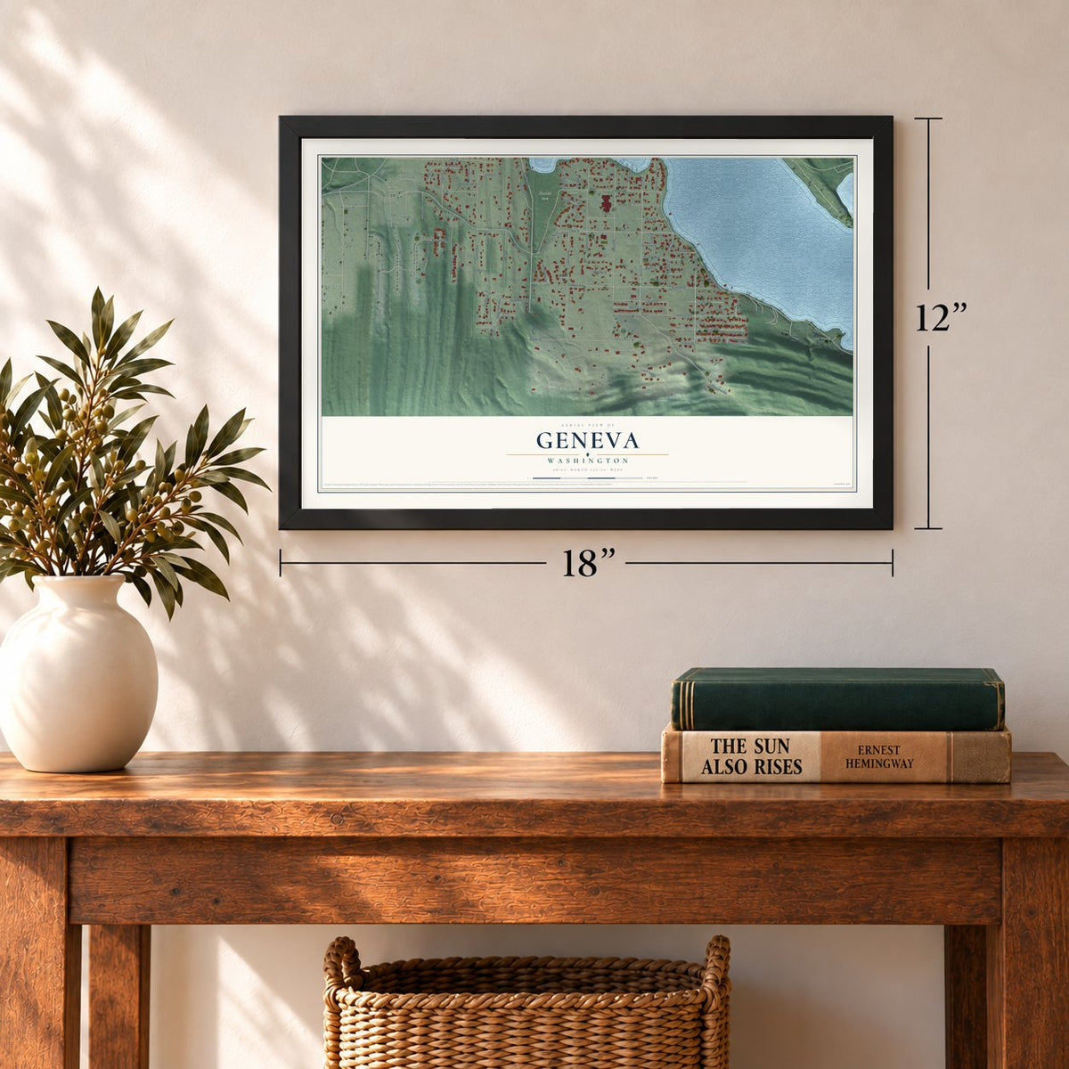 Geneva, Washington map, 12 x 18 inch print in a black frame in an entryway