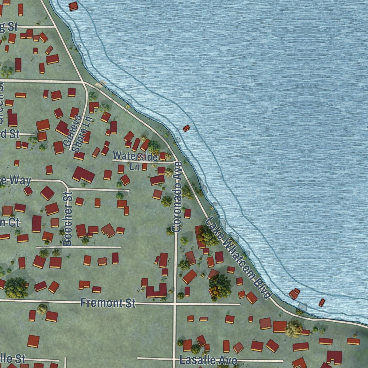 Close-up of the map of Geneva, Washington print showing street and building detail