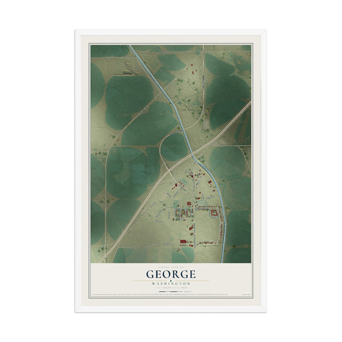 Map of George, Washington, 12 x 18 inch print in a white wood frame