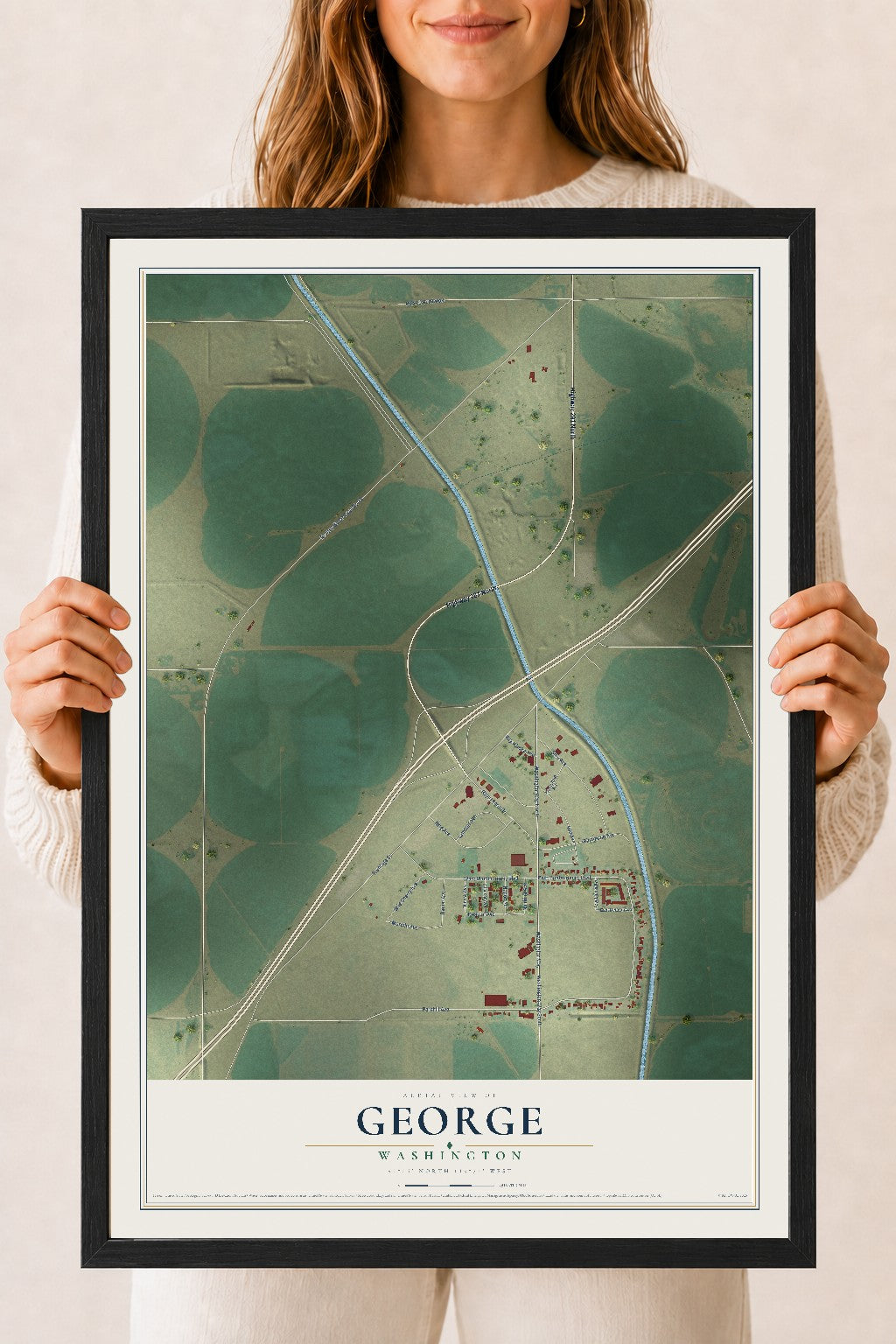 Map of George, Washington, 18 x 24 inch print in a black wood frame