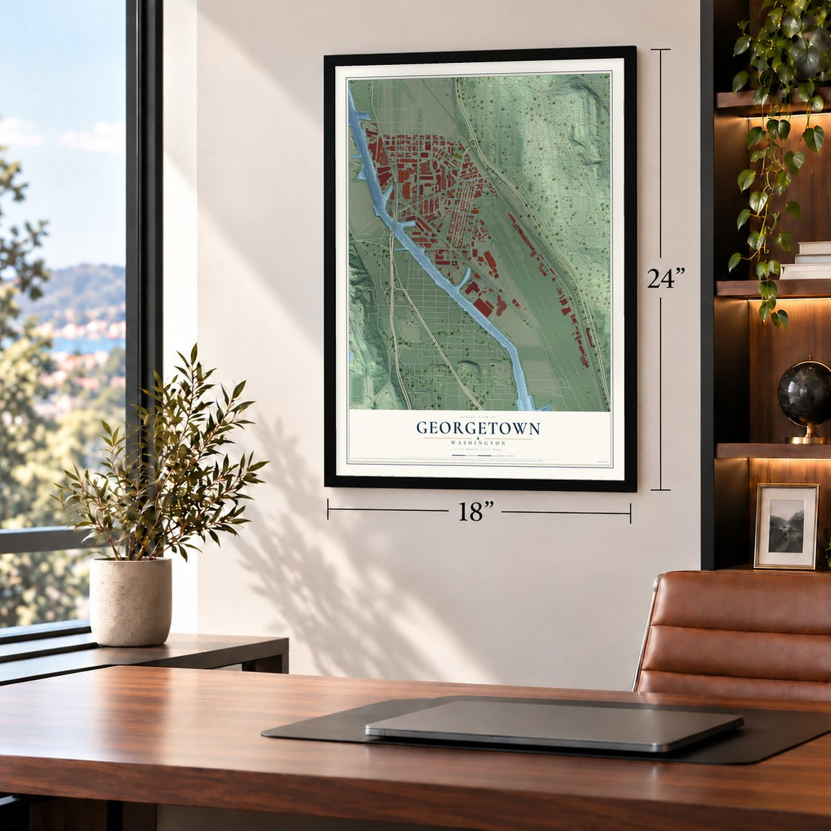 Georgetown, Washington map, 18 x 24 inch print in a black frame in a home office